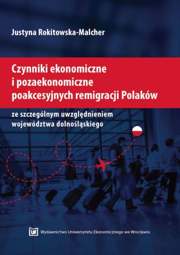 Granatowo-czerwona okładka, biały tytuł, w tle ludzie ciągnący walizki w lotniskowej hali.