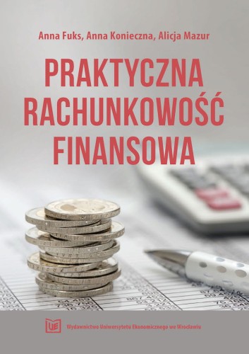 Okładka w odcieniach szarości, u góry czerwony tytuł, poniżej stos monet, długopis i kalkulator.