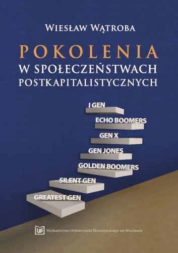 Ciemna okładka, u góry tytuł, poniżej schody opisane jako różne pokolenia: boomers, jones, greatest.