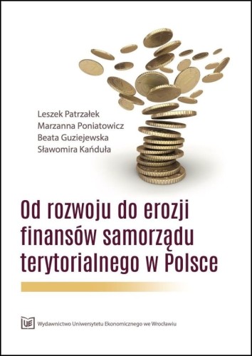 Biała okładka, na dole bordowy tytuł nad nim rozsypujący się stos monet.