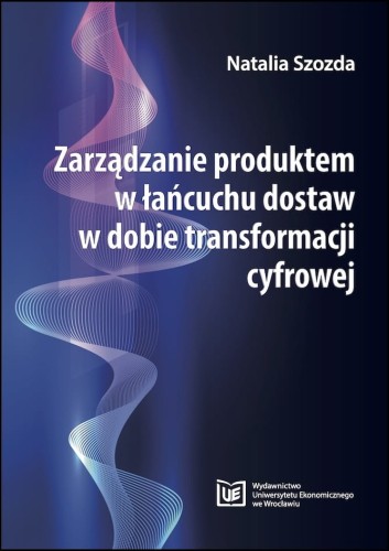 Okładka w ciemnych granatach, biały tytuł z lewej strony jasna abstrakcyjna spirala.