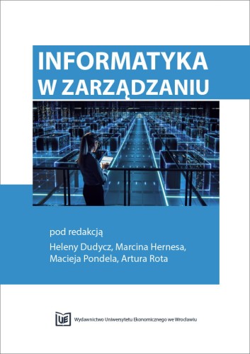 Okładka książki ma biało-niebieską kolorystykę. Przedstawia kobietę z tabletem na tle futurystycznego centrum danych. Tytuł w białym tekście na niebieskim tle, poniżej nazwiska redaktorów.