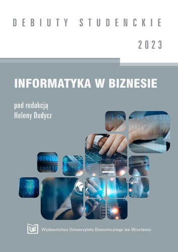 Okładka szaro-biała z tytułem „Informatyka w biznesie”. Grafika: niebieskie ikony technologiczne oraz dłonie piszące na klawiaturze laptopa. Logo UE Wrocław na dole.