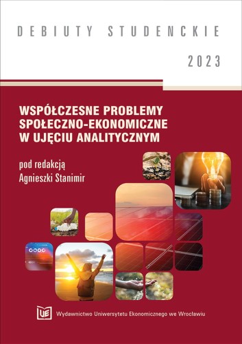 Okładka w bordowym kolorze z tytułem: Współczesne problemy społeczno-ekonomiczne w ujęciu analitycznym. Zdjęcia symbolizujące badania, finanse, technologie i społeczeństwo.
