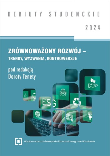 Okładka w kolorach bieli i szarej zieleni, pośrodku kafelki przedstawiające dłoń piszącą na klawiaturze w otoczeniu kwadratów  z ikonami  przedstawiającymi ekologię i zrównoważony rozwój.