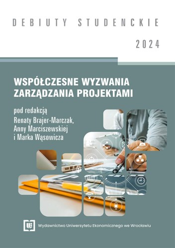 Okładka w kolorze szaroniebieskim z tytułem: Współczesne wyzwania zarządzania projektami. Grafiki przedstawiają dokumenty, laptop, pisanie i ikony technologiczne.