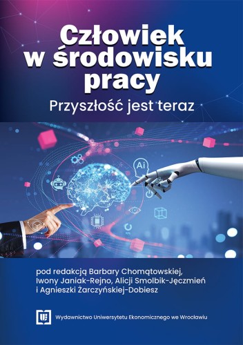 Niebieska okładka na której widnieje ludzki mózg podtrzymywany przez dwie ręce: ludzką i robota.