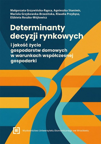 Okładka książki w odcieniach granatu i pomarańczu. Abstrakcyjna grafika z zakrzywioną strzałką skierowaną w górę. Biały tytuł.