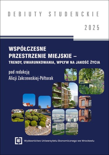 Okładka w kolorach bieli i granatu, pośrodku kafelki przedstawiające różnorodne przestrzenie miejskie.