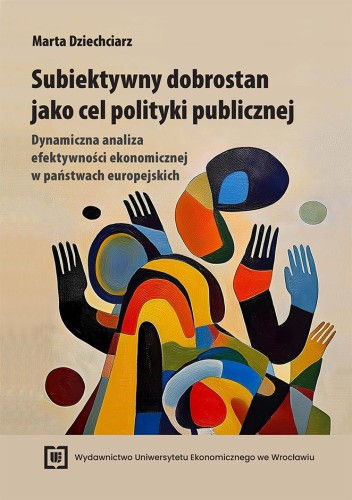 Okładka przedstawia abstrakcyjną ilustrację z kolorowych, geometrycznych kształtów przypominających postacie z uniesionymi rękami na jasnym tle; u góry tytuł i autor, na dole logo wydawnictwa.