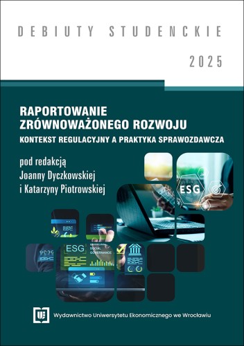 Ciemnozielone tło, tytuł na środku, grafiki ESG, laptopa i ikon analitycznych poniżej.